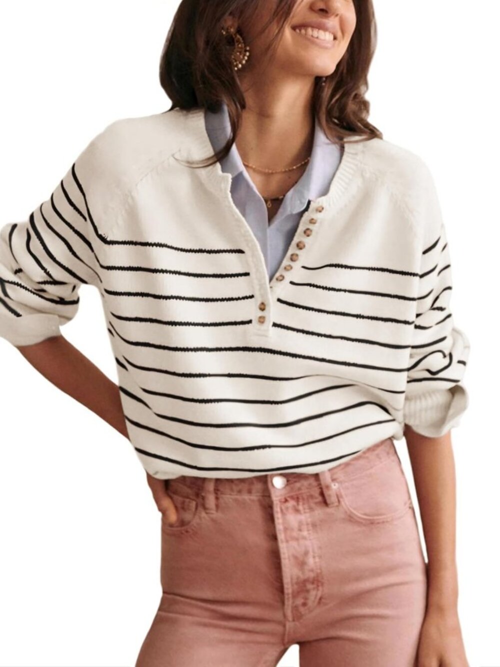 Color Block Striped Button-Up Crewneck Pullover Ribbed Knit Sweater Top